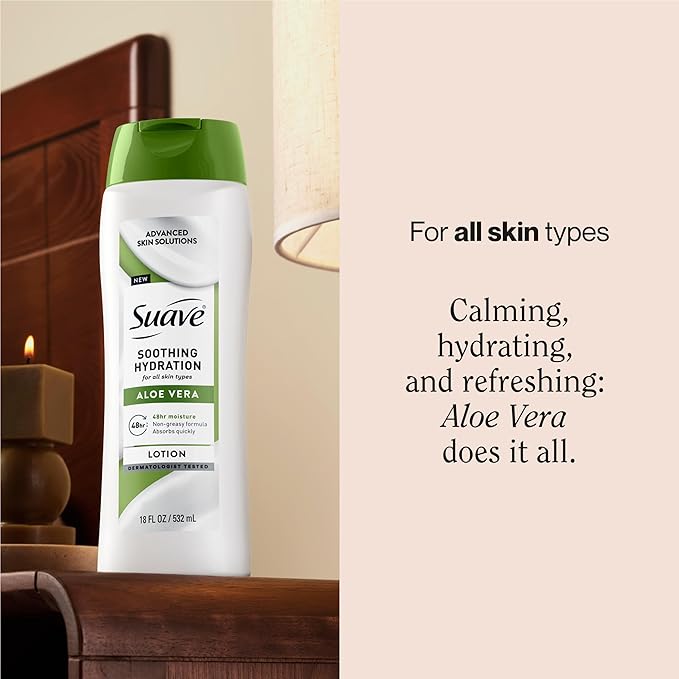 Suave Soothing Hydration Hand & Body Lotion With Aloe Vera Refreshes Dry Skin, Fast Absorbing, Intensive Moisturizing Cream For Women, Non Greasy, Allergen Free, 18 FL OZ, 6 Pack-FemmiqueWomen