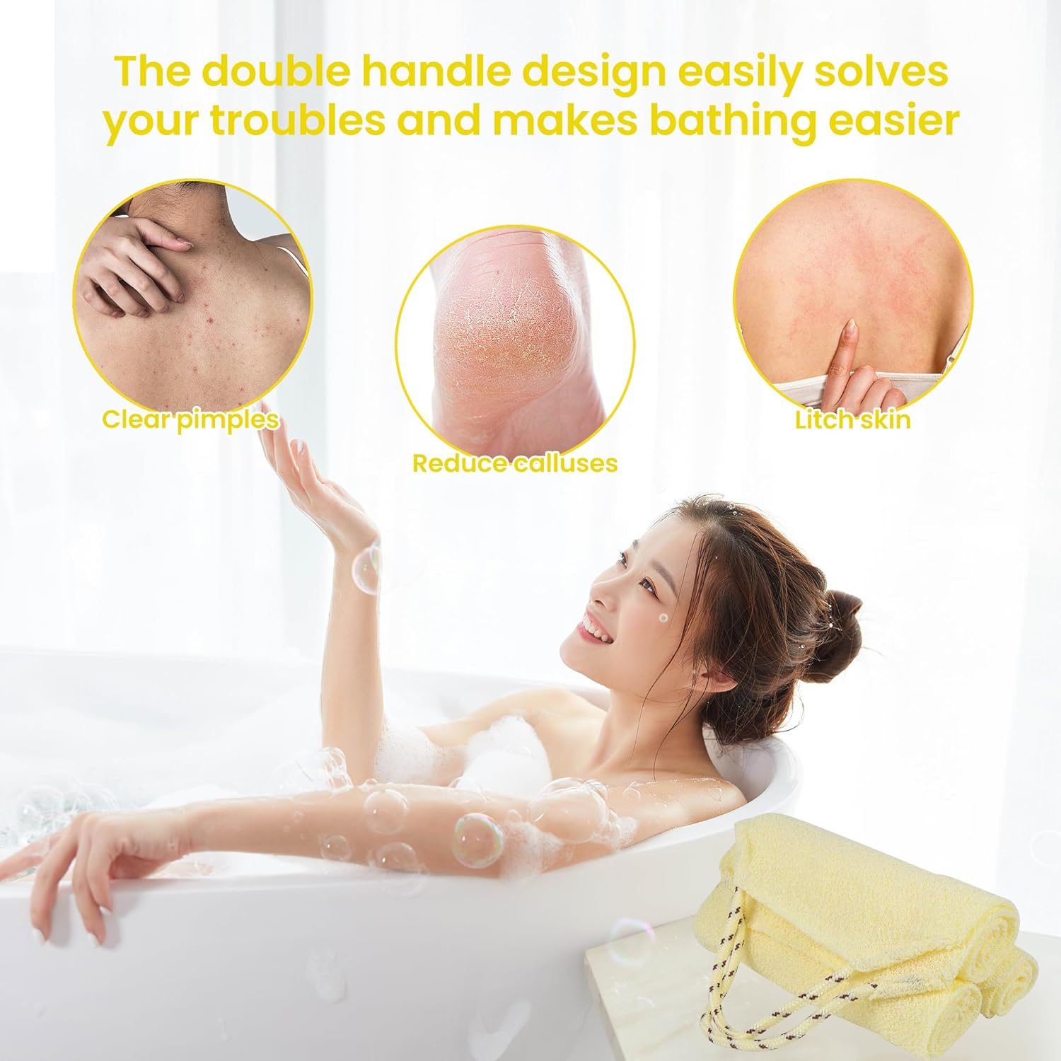 3 Pcs Double-Sided Back Exfoliator Body Scrub Towel, Exfoliating Back Scrubber with Handles,Exfoliating Washcloth Bath Tool in Shower, Stretchable Back Washer to Deep Cleans Skin (Beige)-FemmiqueWomen