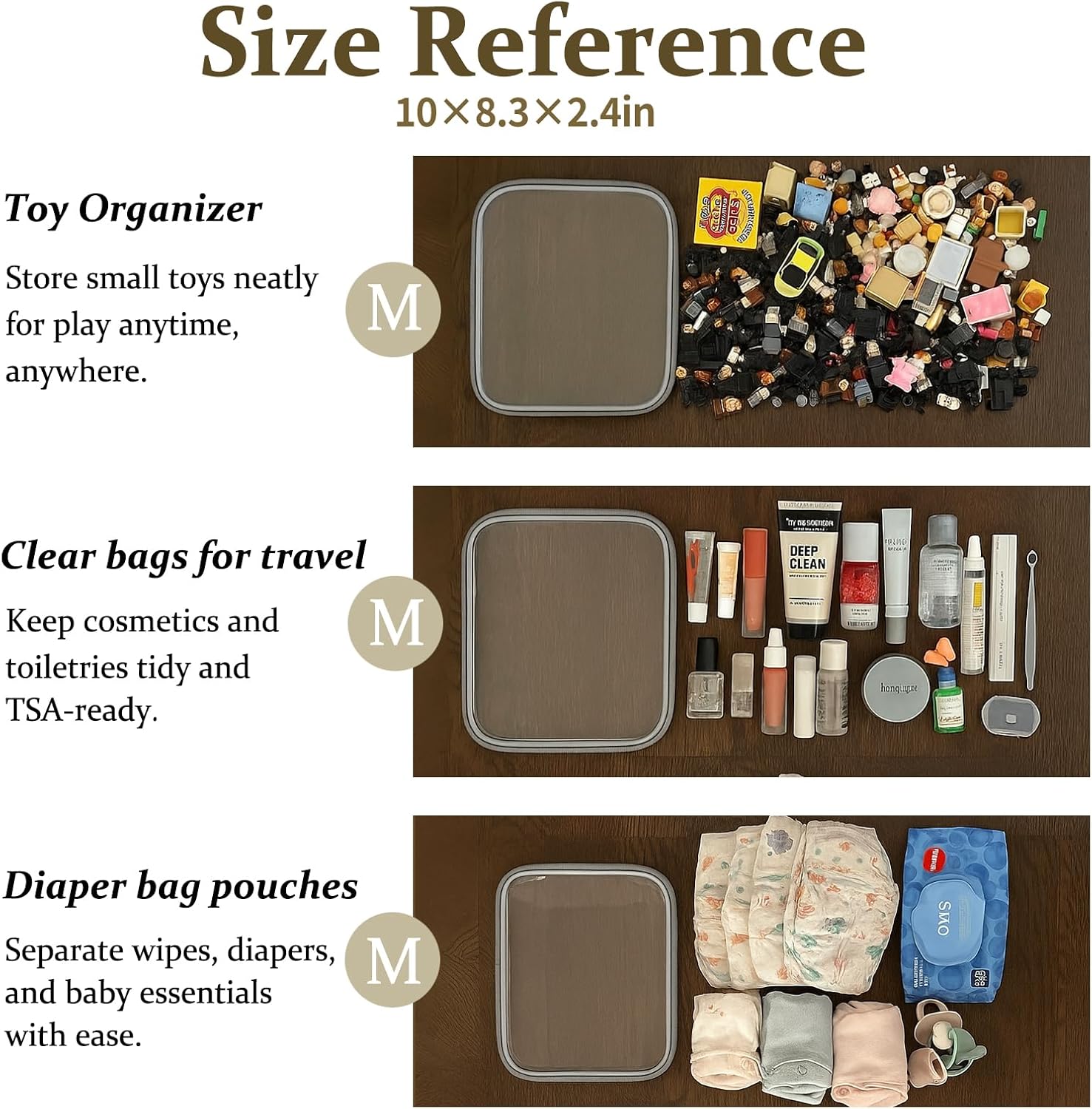 4 pcs Clear Zipper Pouches,Hard Shell Zipper Case, Toiletry Bag for Travel, CLear Diaper Bag, Toiletry Pouch, Travel Organizer, Clear Cosmetic Bag,Toy Storage Bins (M+3S) (Gray)-FemmiqueWomen