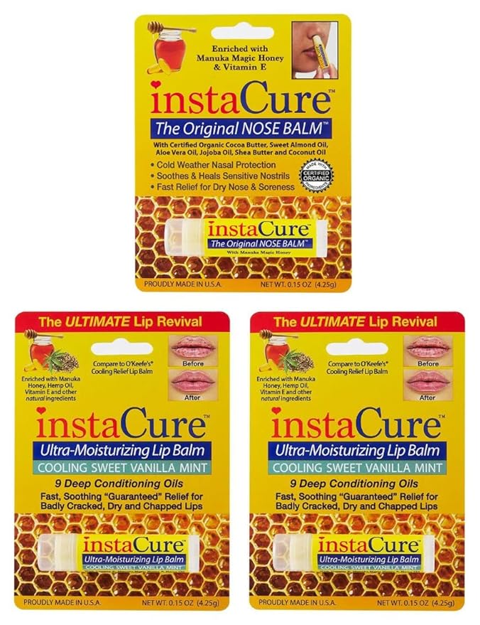 InstaCure Original Nose Balm With Raw Manuka Honey Vitamin E Shea Butter Aloe Vera Oil And Vanilla Mint Ultra-Moisturizing Max Repair/Protective Lip Balm - Fast Relief for Dry Nose & Soreness (3 Pack)-FemmiqueWomen
