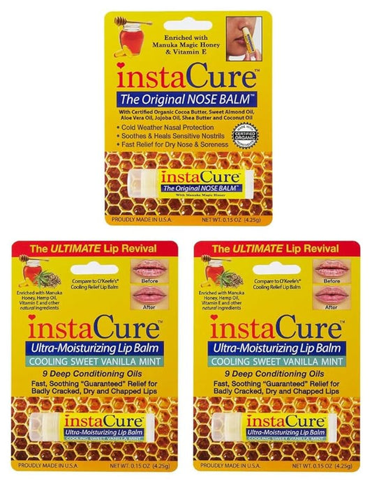 InstaCure Original Nose Balm With Raw Manuka Honey Vitamin E Shea Butter Aloe Vera Oil And Vanilla Mint Ultra-Moisturizing Max Repair/Protective Lip Balm - Fast Relief for Dry Nose & Soreness (3 Pack)-FemmiqueWomen