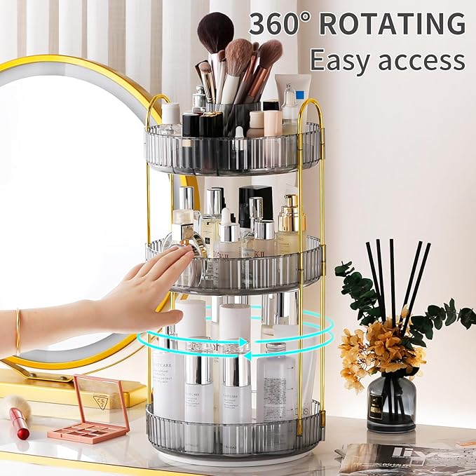 360° Rotating Makeup Organizer, Large-Capacity Skincare Make Up Storage 3 Tier Perfume Organizers Cosmetic Dresser Organizer with Makeup Brush Holder, Fits Bedroom, Bathroom, Vanity Shelf Countertop-FemmiqueWomen