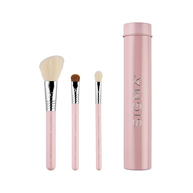 Sigma Beauty Travel Essential Trio - Makeup Brush Set for Foundation Powder Eyeshadow - 3 Tool Brushes with Brush Tin Holder - - Skin Safe, Vegan Makeup Brushes for Travel - Light Pink-FemmiqueWomen