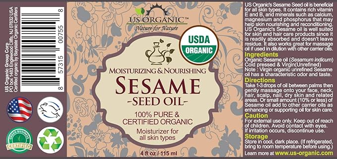 US Organic Sesame Seed Oil, USDA Certified Organic, Untoasted, Unrefined Virgin, 100% Pure & Natural, Cold Pressed, in Amber Glass Bottle w/Glass Eye dropper, Sourced from Mexico (4 oz (Large))-FemmiqueWomen
