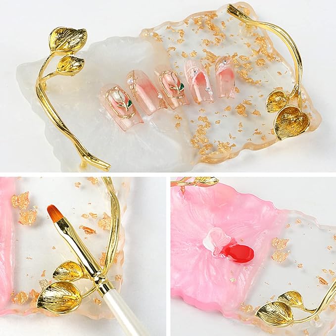 2023 Retro Nail Art Palette, Nail Painting Mixed Color Palette with Leaves Handle, Nail Holder Gel Color Makeup Display Board Pallet (Pink)-FemmiqueWomen