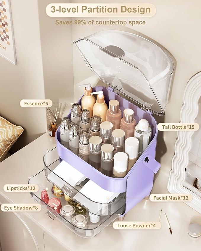 Makeup Organizer, Skincare Holder Bathroom Counter Organizer, Storage Box Cosmetic Display Cases, Teen Girl Gifts Trendy Stuff Make up Organizers for Vanity, Dresser, Countertop (purple)-FemmiqueWomen