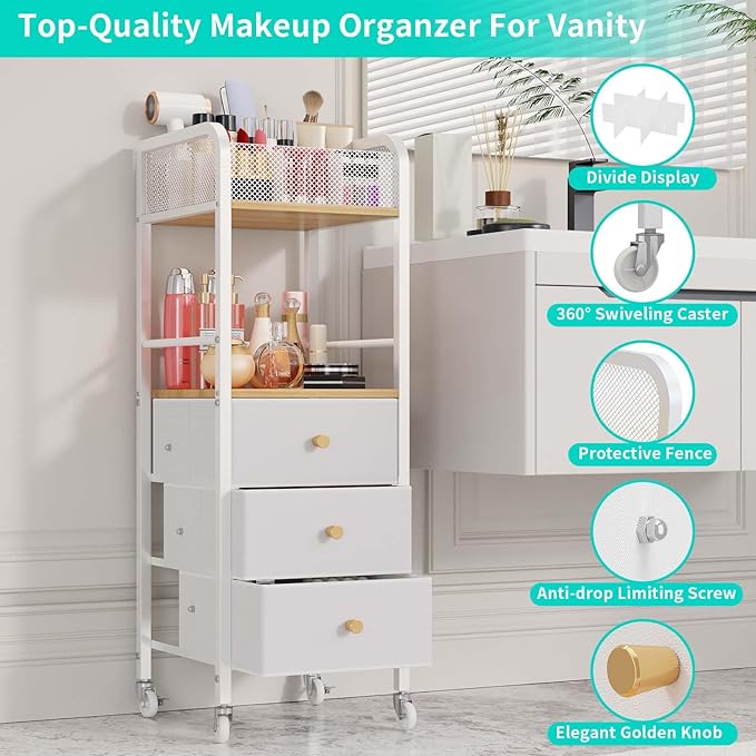 HapiRm Rolling Makeup Cart Organizer - Floor Skincare Make Up Storage with 3 Drawers, Vanity Organizer Cosmetic Display Cases Holder for Skin Care Perfume Nail Polish Brush Hair Tool-FemmiqueWomen