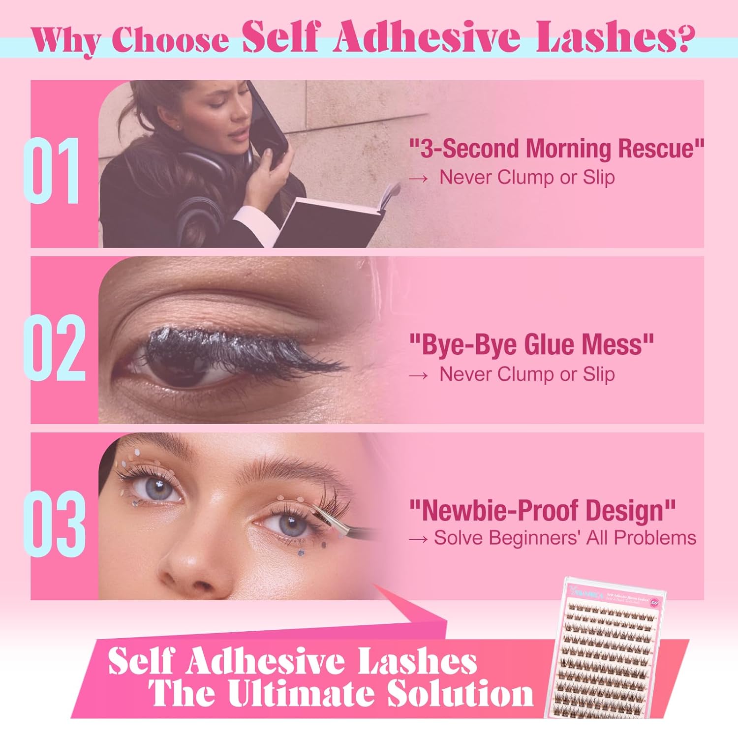 Yawamica Self Adhesive Eyelashes Brown Lash Clusters No Glue Needed Press on Lashes Reusable Pre-glued Eyelash Clusters 8-14mm Wispy Individual Lashes C Curl Cluster Lashes DIY Brown Lash Extension-FemmiqueWomen