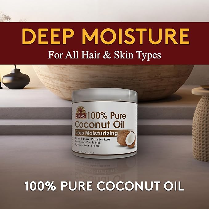 Okay 100% Pure Coconut Oil for Hair & Skin - Coconut Oil for Women & Men, Perfect for Hair & body, Natural Massage Oil & Moisturizer - 6 fl oz Jar (Pack of 1)-FemmiqueWomen