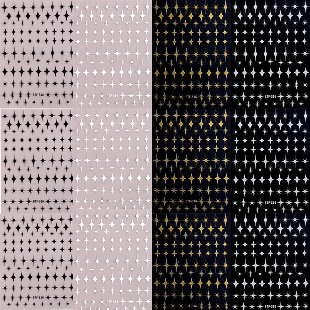 12 Sheets Star Nail Art Stickers 3D Self Adhesive Gold White Black Star Design Nail Art Decal Accessories for Women Acrylic Manicure DIY Decoration-FemmiqueWomen