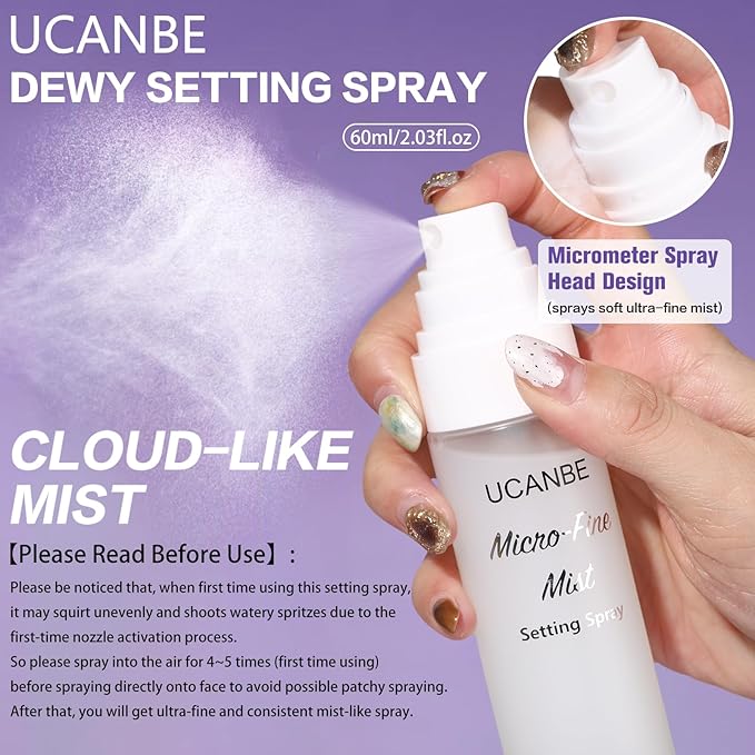 UCANBE Dewy Setting Spray for Makeup, Long Lasting Hydrating Make Up Finishing Spray for Face, Micro-Fine Mist Fixing Spray for Dewy Glow Finish, Lightweight & Waterproof for up to 16 Hours Wear-FemmiqueWomen