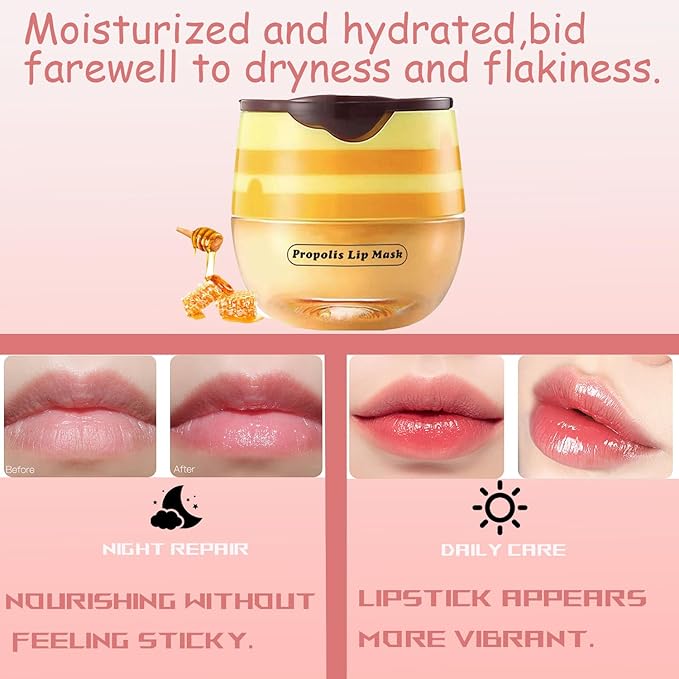 1 PCS Bee Lip Balm Honey Pot, Exfoliating Honey Bee Lip Balm Sleeping Lip Mask Overnight with Sticks, Honey Pot Lip Balm Prevention Dry Hydrating and Crack Lip Scrubs-FemmiqueWomen