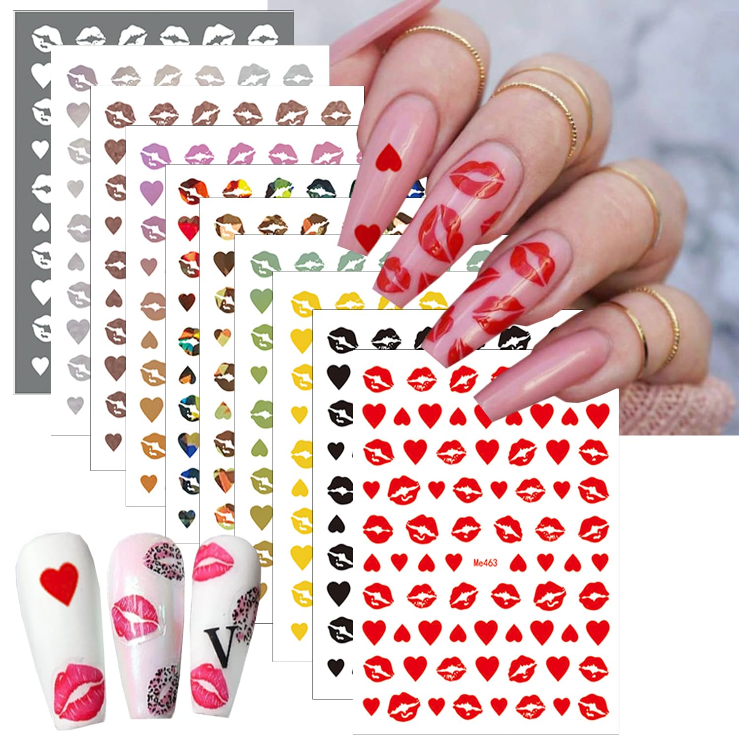 10 Sheets Valentine's Day Nail Art Stickers Sexy Lips Nail Decals 3D Holographic Heart Nail Stickers Self-Adhesive Design Black White Gold Silver Laser Valentines Stickers for Women Nail Decoration-FemmiqueWomen
