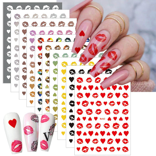 10 Sheets Valentine's Day Nail Art Stickers Sexy Lips Nail Decals 3D Holographic Heart Nail Stickers Self-Adhesive Design Black White Gold Silver Laser Valentines Stickers for Women Nail Decoration-FemmiqueWomen