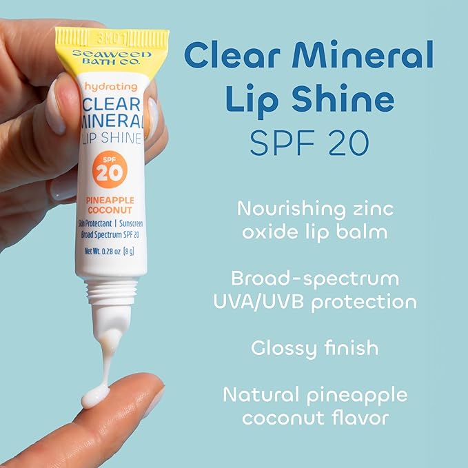 Seaweed Bath Co. Hydrating Clear Mineral Lip Shine SPF 20 Sunscreen Zinc Oxide Lip Balm, 0.28 Oz, Moisturizing Care for Dry, Chapped Lips-FemmiqueWomen