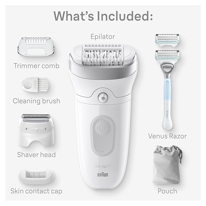 Braun Silk-épil 7 Epilator, Wet and Dry, Wide Head, Includes Venus Intimate Razor, Shaver Head and Trimmer Comb, SE7-141-FemmiqueWomen