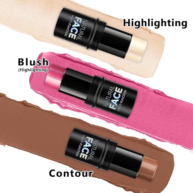 3Pcs Cream Contour Stick Makeup Kit, Shades with Highlighter Stick, Blush Stick and Bronzer Contour Stick for Sculpt the Cheeks, Long Lasting, Waterproof, Matte & Dewy Finish (LIGHT)-FemmiqueWomen