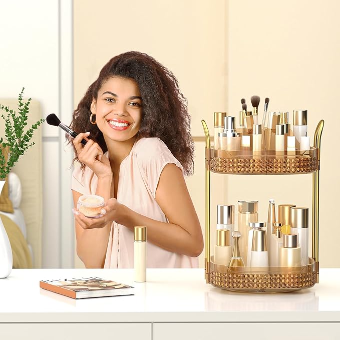 360° Rotating Makeup Organizer 2 Tier, Large Skincare Clear Make Up Storage Spinning Perfume Organizers for Bathroom Counter Dresser, Pink-FemmiqueWomen