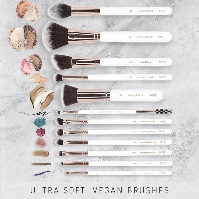Niré Beauty White 15piece Award Winning Professional Makeup Brush Set: Vegan Makeup Brushes with Case, Makeup Sponge, Cleaner, Guide, Gift Box-FemmiqueWomen