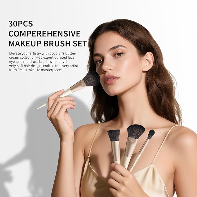 Docolor Makeup Brushes Set Professional 30Pcs Makeup Brushes Premium Synthetic Powder Kabuki Foundation Contour Blush Concealer Eye Shadow Blending Eyeliner Crease Eyebrow Make Up Brush Kit - Beige-FemmiqueWomen