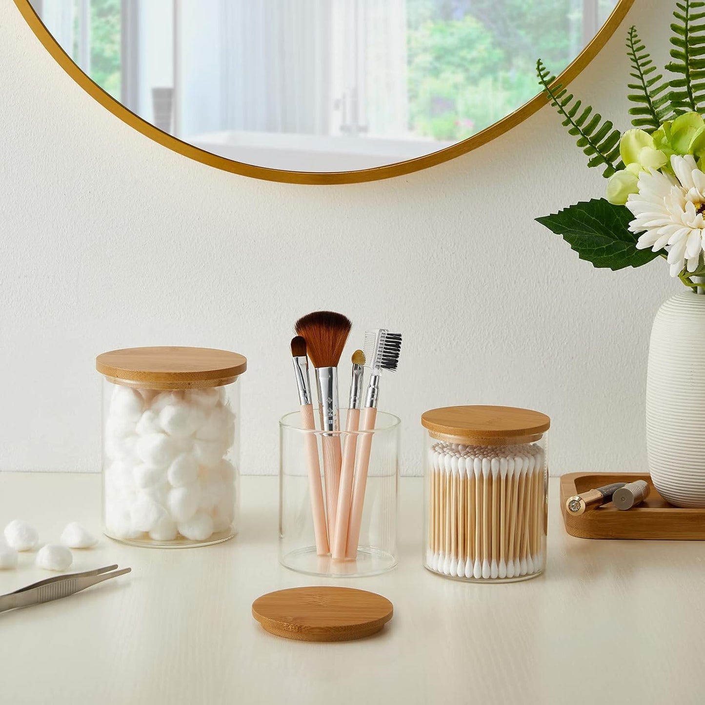 3 Pack Glass Qtip Holder Dispenser, 20 oz and 11 oz Clear Glass Apothecary Jars, Bathroom Vanity Canisters Organizer Jars for Cotton Swabs, Balls, Rounds, Pads, Floss, Bath Salts-FemmiqueWomen