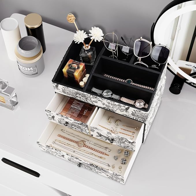 GORESE Leather Makeup Organizer with 3 Drawers for Vanity, Stackable Skincare Holder Dresser Organizer Countertop, Make Up Storage Organizers Counter Cosmetic Display Case Gift for Women(Retro Black)-FemmiqueWomen