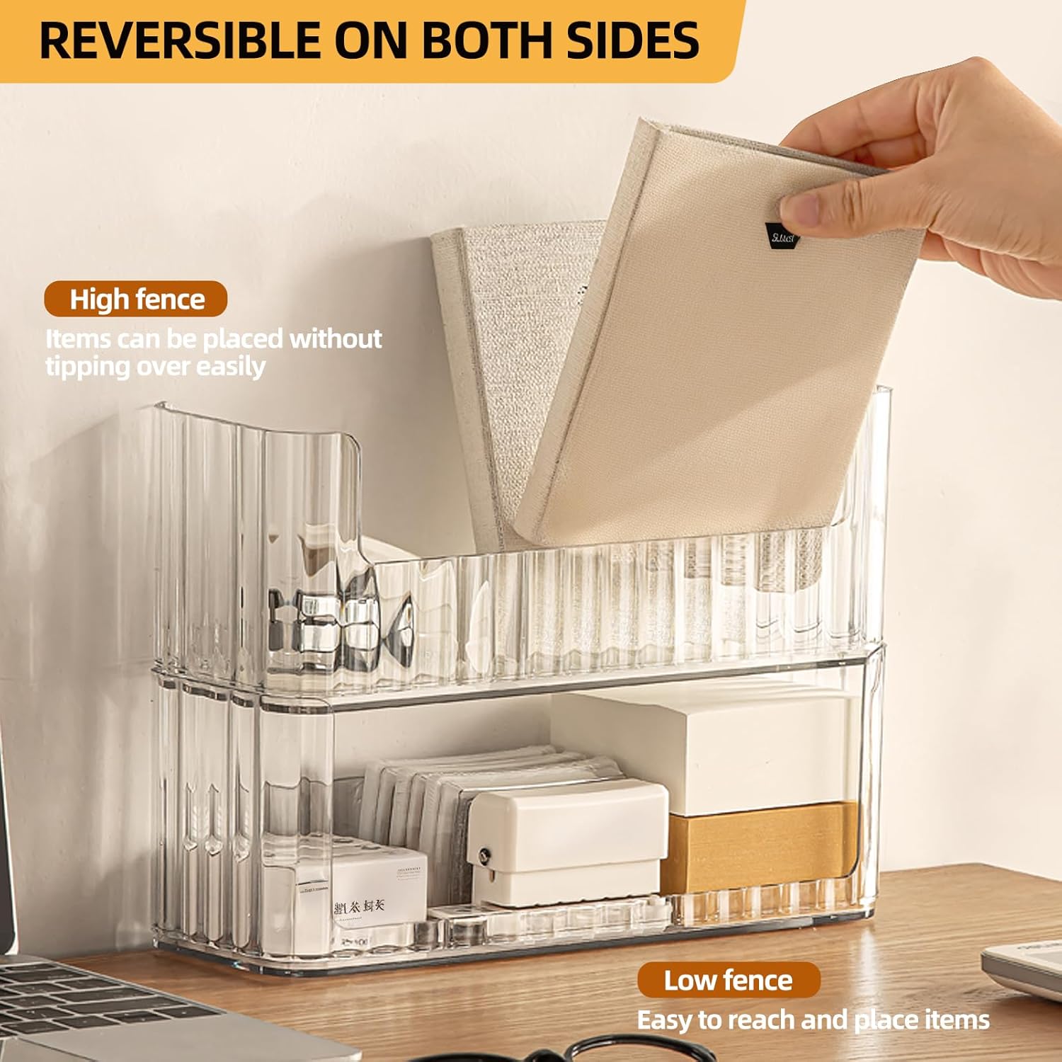 2-Tier Stackable Medicine Cabinet Organizer, Narrow Bathroom Makeup Organizer with Lipstick Holders & Cotton Swab Cases, Clear Countertop Shelf for Mirror Cabinet and Vanity-FemmiqueWomen