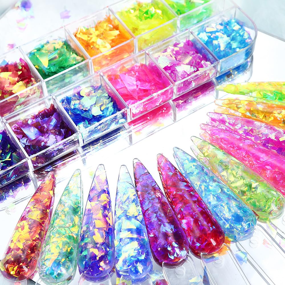12Grids Holographic Mermaid Colorful Nail Art Glitter,Irregular Rainbow Candy Color Nail Art Flakes Sequins Gradient Bright Ice Slag Nail Sequins Summer Metallic Foil Nail Supplies DIY Nail Decoration-FemmiqueWomen