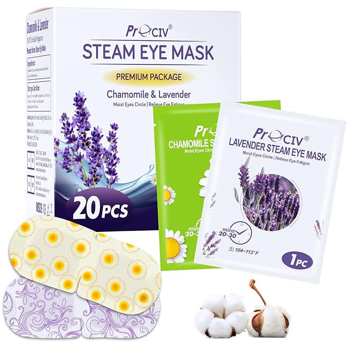 ProCIV 20 Packs Steam Eye Masks, Warming Eye Masks for Dark Circles, Disposable Self-heating Hot Eye Mask Soothing Headache, Dry Eyes, Heating Eye Mask for Stress Eye Fatigue Relief