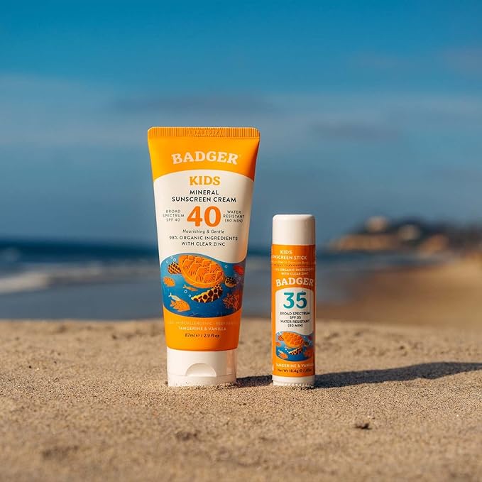 Badger Kids Mineral Sunscreen Combo, SPF 40 Cream + SPF 35 Kids Face Stick, Organic Sunscreens w/Mineral Zinc Oxide, Water Resistant, Reef Safe Broad Spectrum, Tangerine & Vanilla Scent, 2-Count-FemmiqueWomen