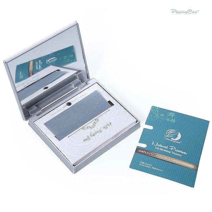 Makeup Mirror with Facial Oil Blotting Paper Sheets - Bamboo Charcoal 100 Counts, Silver Compact Folding Cosmetic Travel Mirror-FemmiqueWomen