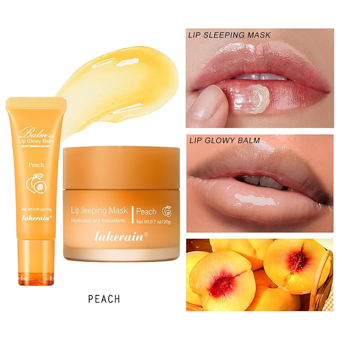 2Pcs Lip Glowy Balm and Lip Sleeping Mask Set, with 4 Flavor Options - Reduce Lip Lines, Enhance Lip Color, Hydrate & Plump Dry Chapped Lips Care (Peach)-FemmiqueWomen