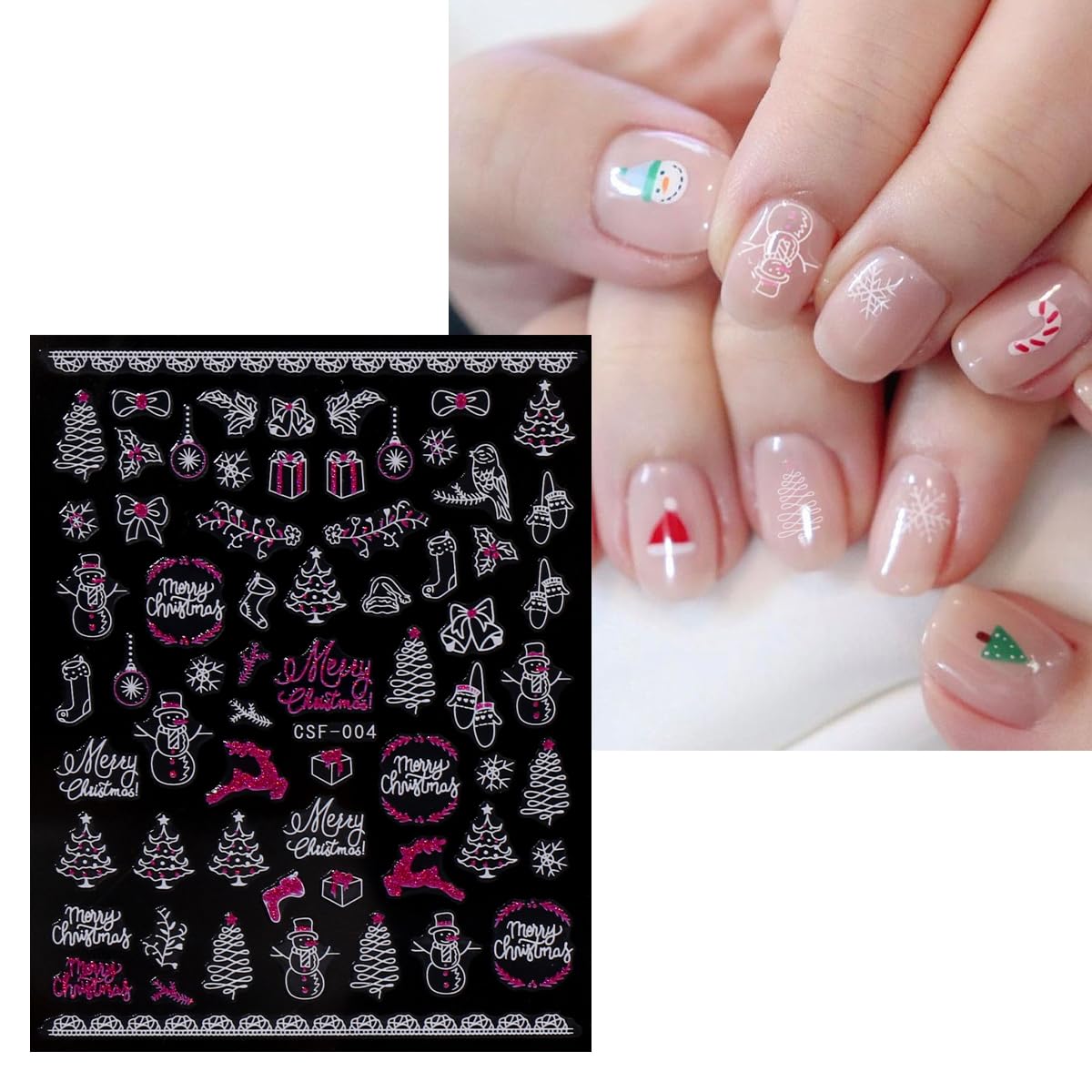 JMEOWIO 9 Sheets Christmas Pink Glitter Nail Art Stickers Decals Self-Adhesive Snowflake Winter Holiday Nail Supplies Nail Art Design Decoration Accessories-FemmiqueWomen