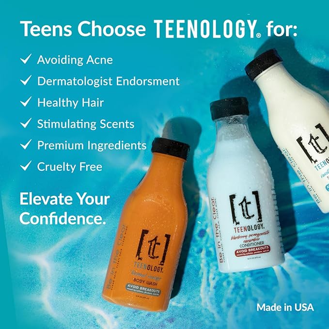 Teenology Shampoo for Teens - Avoid Forehead and Body Acne - No Sulfates or Parabens, Noncomedogenic, Natural Botanical Extracts, 16 oz. (Sweet Mint)-FemmiqueWomen