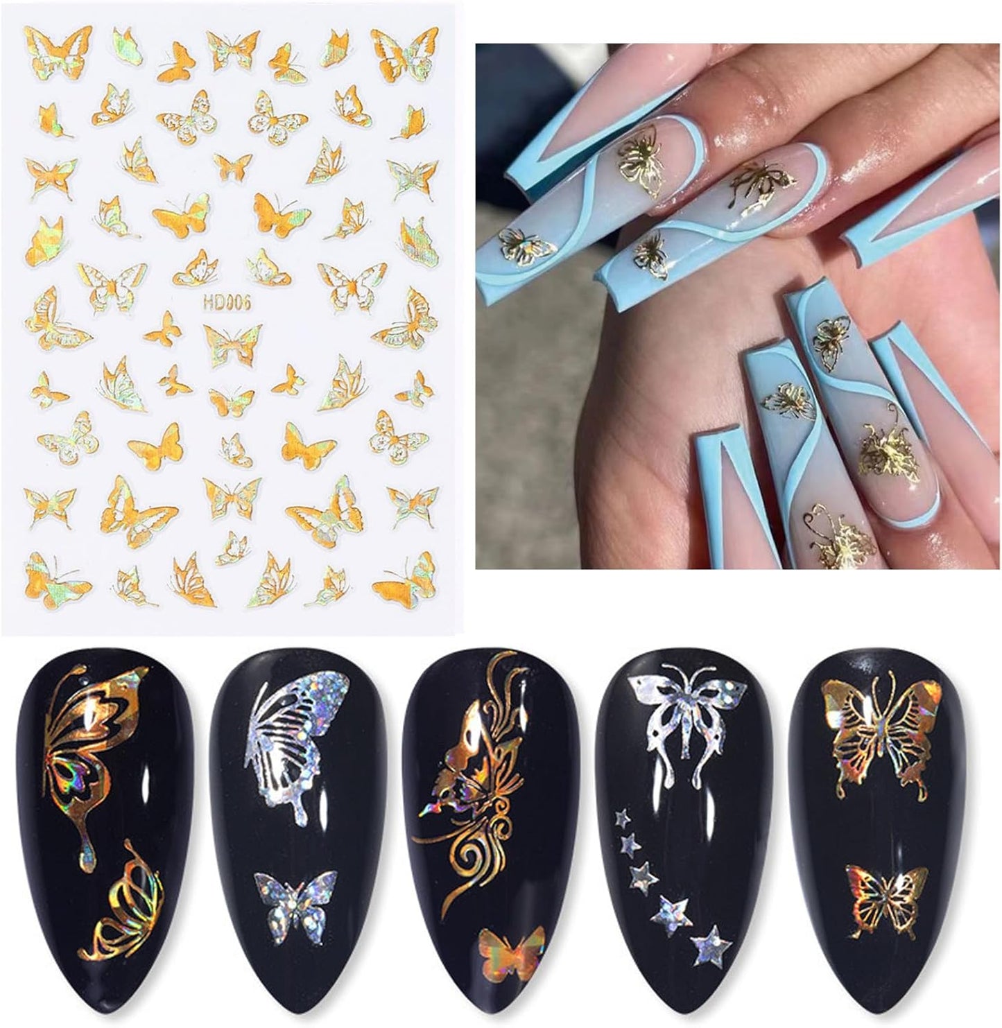 16 Sheets Butterfly Nail Art Stickers Decals 3D Self-Adhesive Gold Metallic Butterfly Nail Stickers Holographic Butterflies Design Nail Art Supplies for Women Acrylic Nail Art Decoration Accessories-FemmiqueWomen