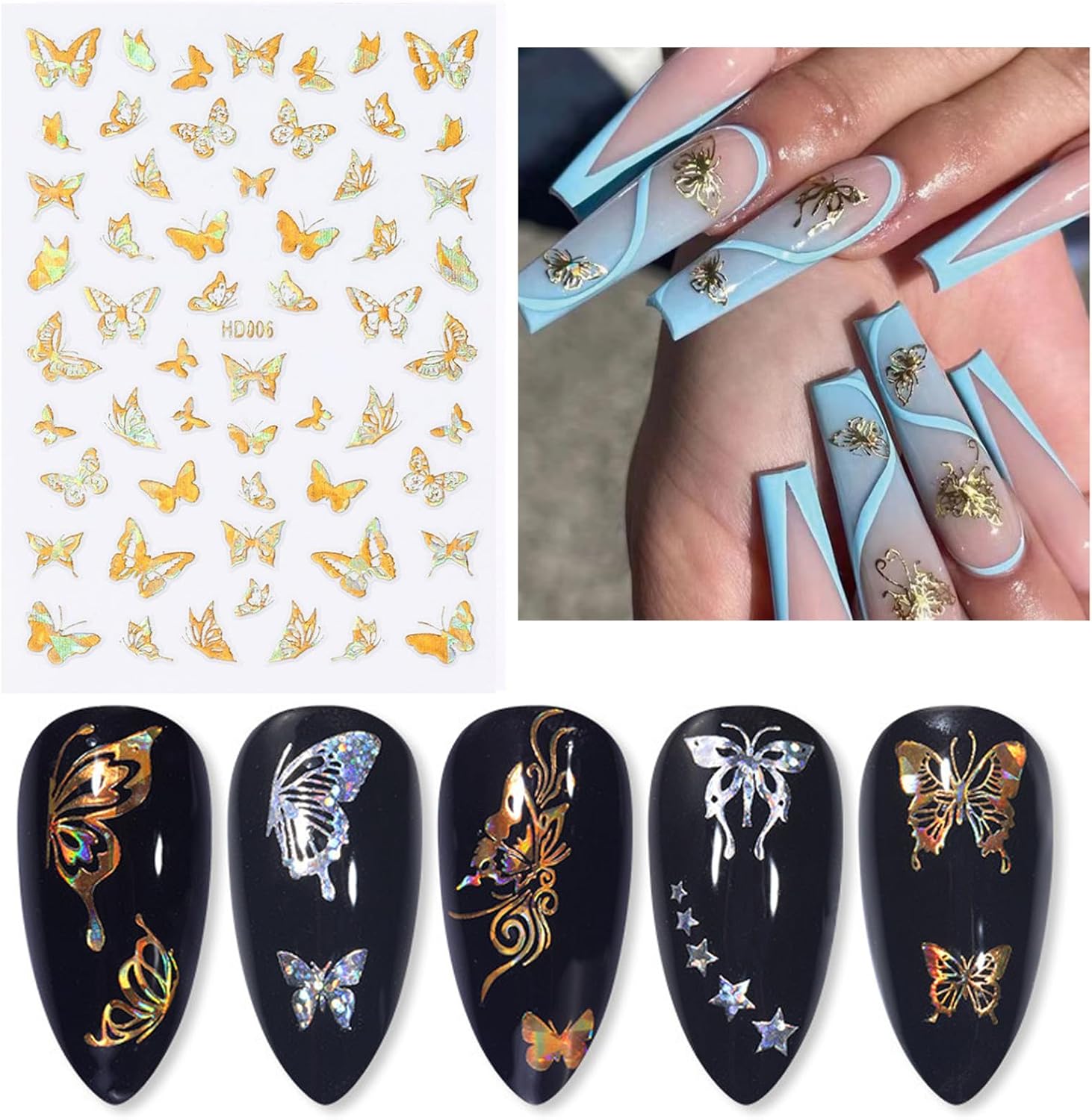 16 Sheets Butterfly Nail Art Stickers Decals 3D Self-Adhesive Gold Metallic Butterfly Nail Stickers Holographic Butterflies Design Nail Art Supplies for Women Acrylic Nail Art Decoration Accessories-FemmiqueWomen