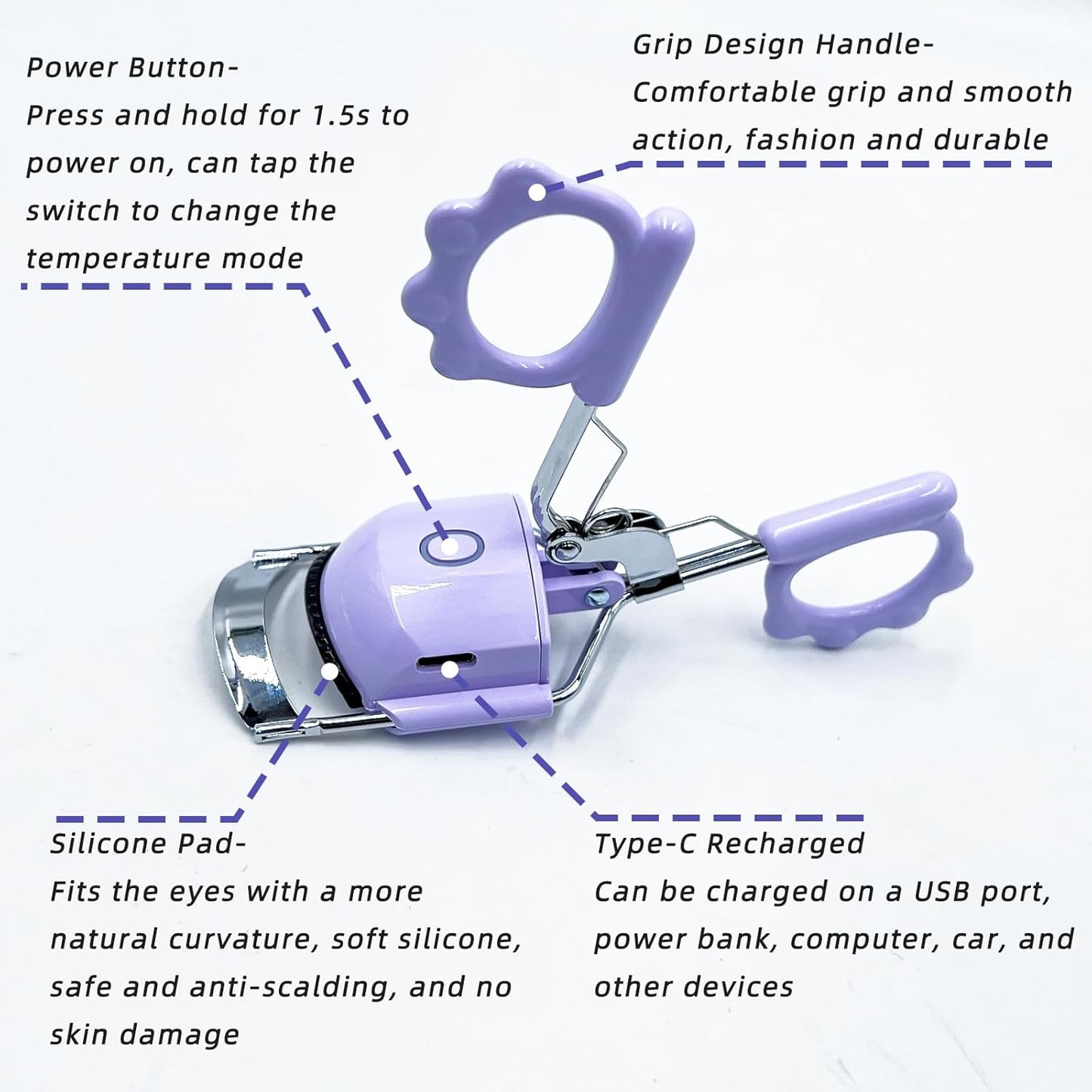 Pinkiou Heated Eyelash Curler for Women USB Rechargeable Lash Curler Long Lasting Ironing Electric Eyelash Curler with Silcone Pad Replacable Great Makeup Tools for Her(Purple)-FemmiqueWomen