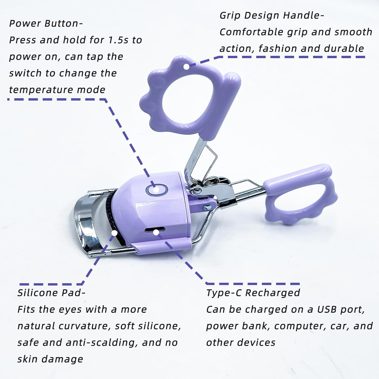 Pinkiou Heated Eyelash Curler for Women USB Rechargeable Lash Curler Long Lasting Ironing Electric Eyelash Curler with Silcone Pad Replacable Great Makeup Tools for Her(Purple)-FemmiqueWomen