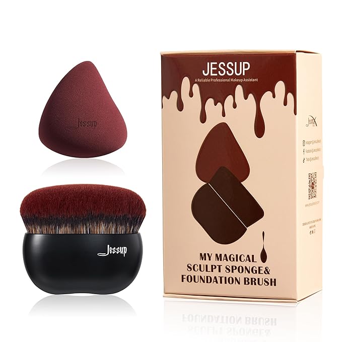 Jessup Foundation Brush with Makeup Sponge, Black Makeup Brush Flat Top Kabuki Brush for Liquid Blending Stippling, T881-FemmiqueWomen