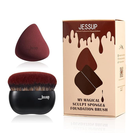 Jessup Foundation Brush with Makeup Sponge, Black Makeup Brush Flat Top Kabuki Brush for Liquid Blending Stippling, T881-FemmiqueWomen