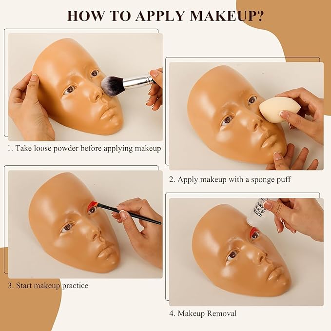 Make Up Practice Face, Face Painting Mannequin Head with Stand, 5D Reusable Silicone Face Practice Board, Mannequin Head for Makeup with Makeup Kit, Practice Face for Makeup Artist & Beginner, Brown-FemmiqueWomen