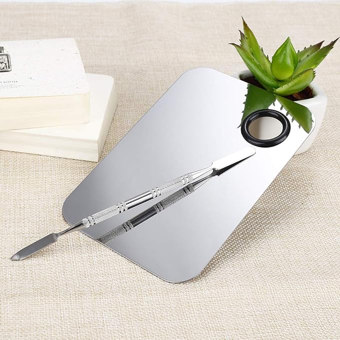 2 Pcs Stainless Steel Cosmetic Makeup Palette, Professional Cosmetic Mixing Makeup Palette Spatula Makeup Artist Tool, Beauty Salon Color Cream Mixing Palette With A Spatula Makeup Nail Art Palette-FemmiqueWomen