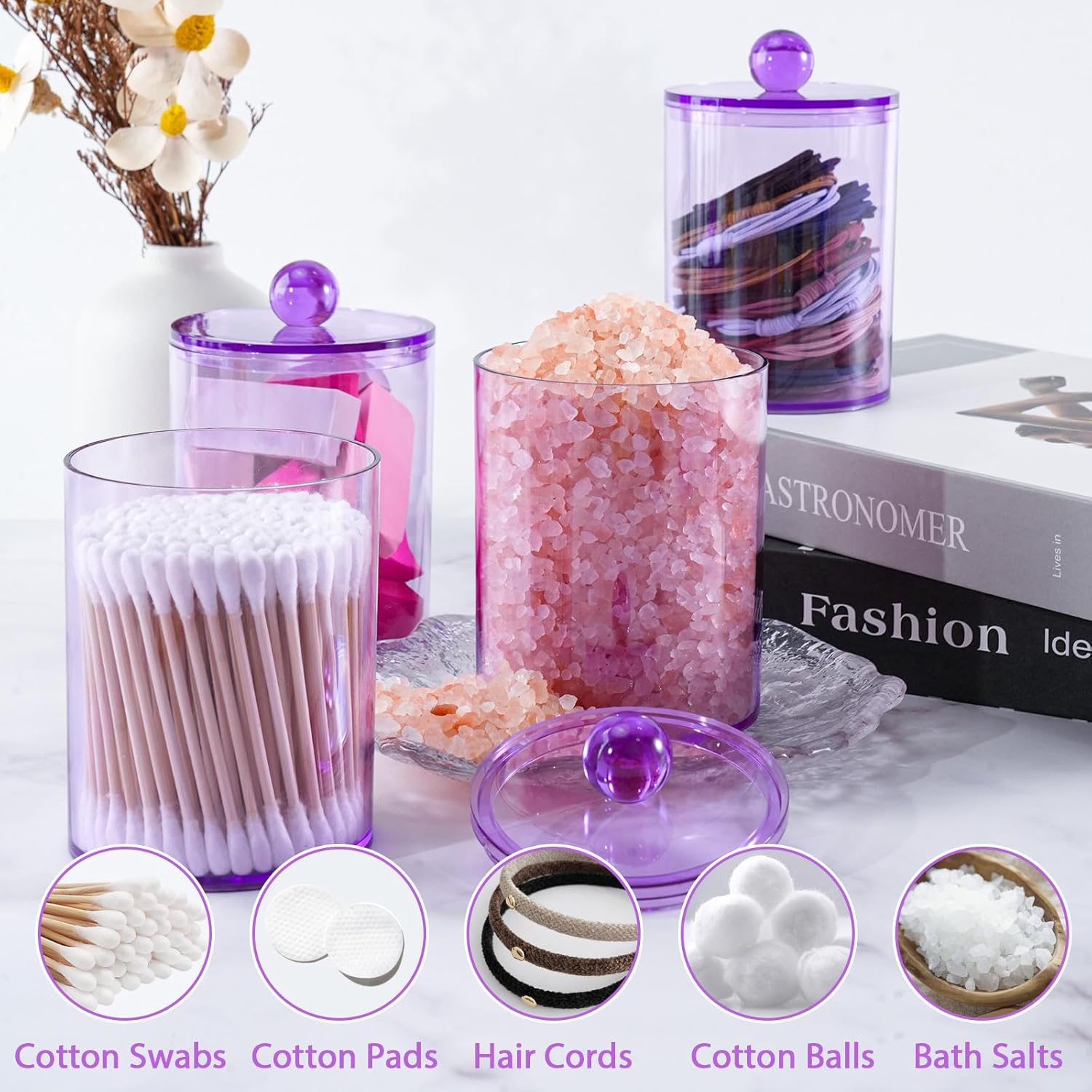 2 Pack Qtip Holder,Canister Apothecary Jar Set, Bathroom Jars with Lids Set for Cotton Swabs, Balls, Pads, Floss Picks,10oz-12oz Plastic Canisters Restroom Bedroom Vanity Organizer(Purple)-FemmiqueWomen