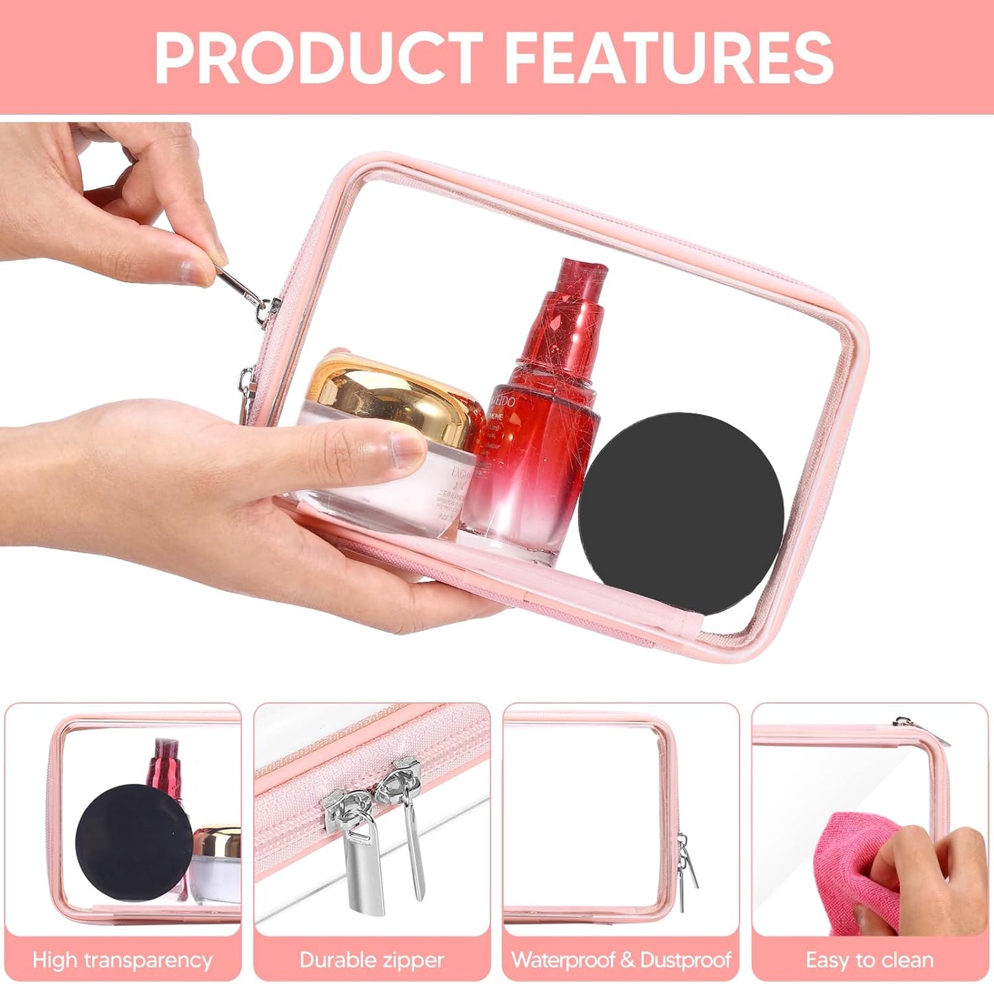 2 Pcs Clear Hard Zipper Case, Hard PC Plastic Cosmetic Travel Bag, Portable Travel Organizer Bins, Durable Makeup Bags for Toy Storage, Pencil Case(Pink Zipper)-FemmiqueWomen