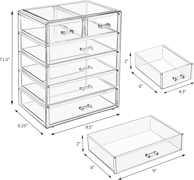 Sorbus Acrylic Makeup Organizer - Organization and Storage Case for Cosmetics Make Up & Jewelry - Big Clear Makeup Organizer for Vanity, Bathroom, College Dorm, Closet, Desk (4 Large, 2 Small Drawers)-FemmiqueWomen