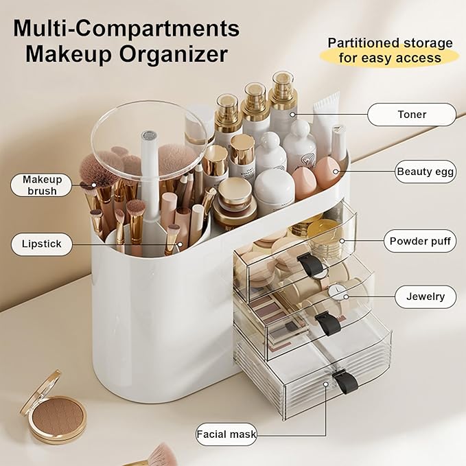 DASITON Makeup Organizer with 3 Drawers,Automatic Lifting Makeup Brush Holder with Lid,Large Capacity Makeup Organizers for Vanity,Bathroom Countertop,Ideal Storage Skin Care,Brushes,Lipstick (White)-FemmiqueWomen