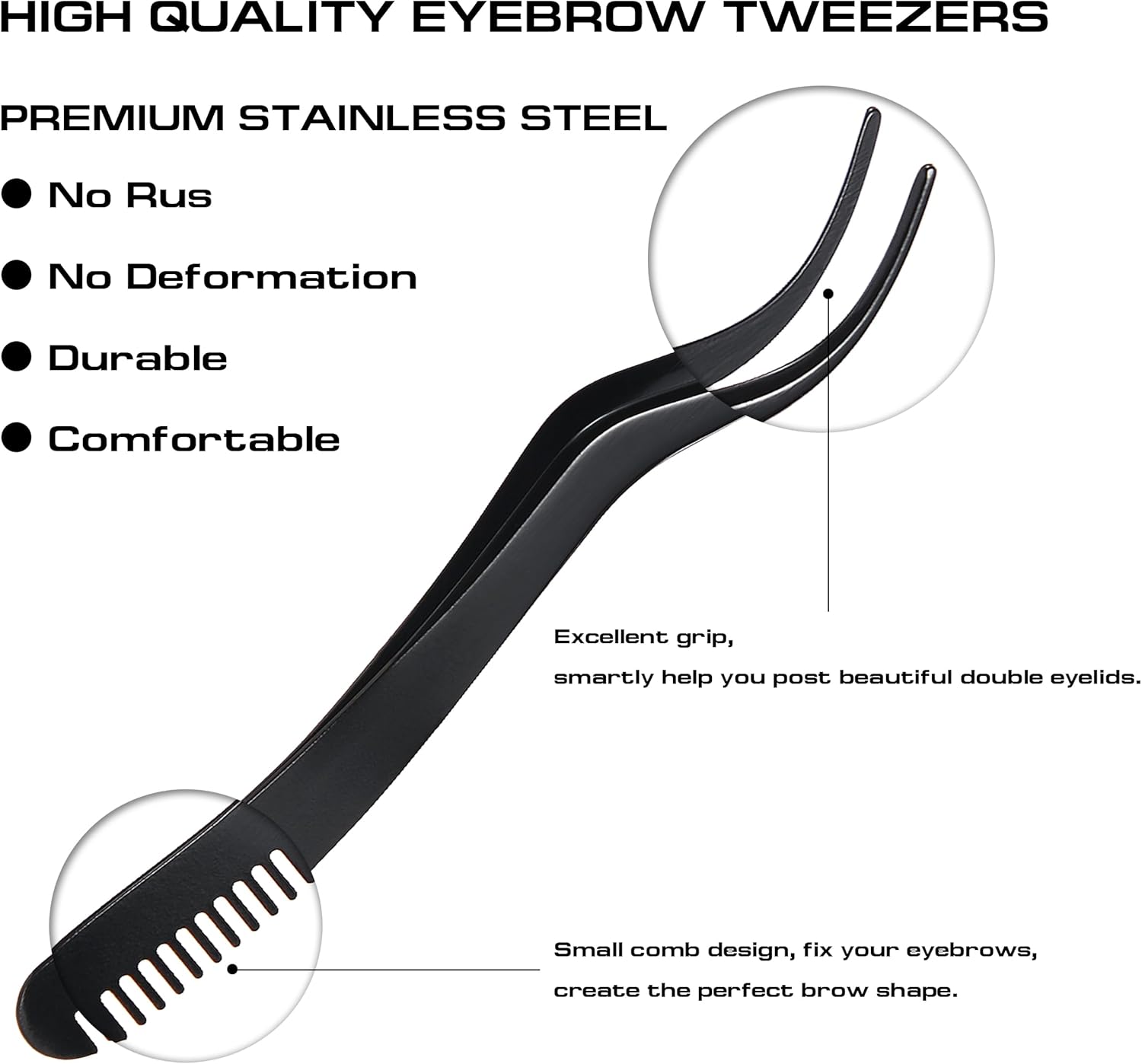 2 in 1 Lash Extension Tweezers with Comb, Stainless Steel Elbow Eyelash Extension Tweezers, Eyelash Tweezers for Lash Extensions, Precise Eyebrow Tweezers Tool for DIY False Eyelashes Clusters, Black-FemmiqueWomen