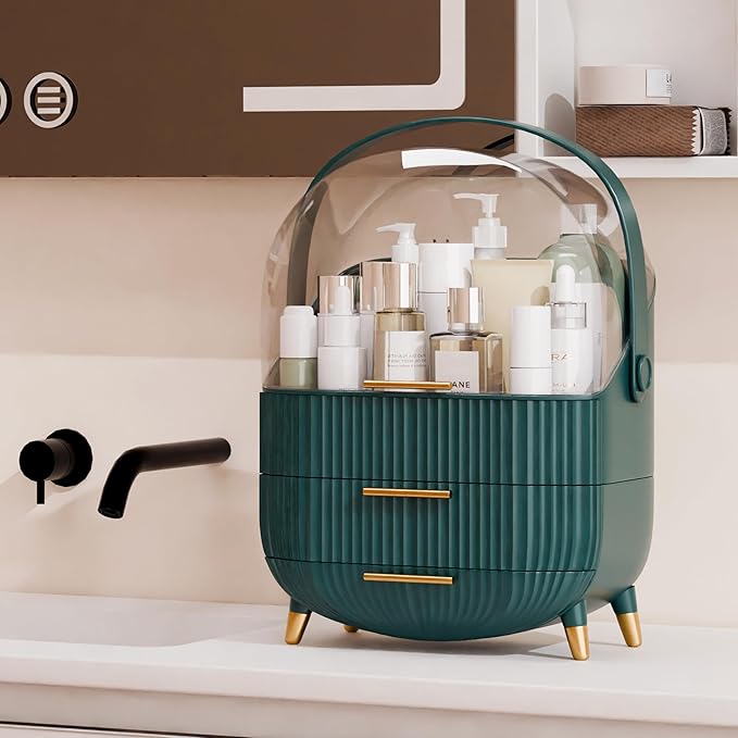 Makeup Organizers and Storage Make up Organizer for Vanity Cosmetics Skincare With Lid and Drawers Display Cases for Countertop Bathroom Women Teenager Girl Gifts(Dark Green)-FemmiqueWomen