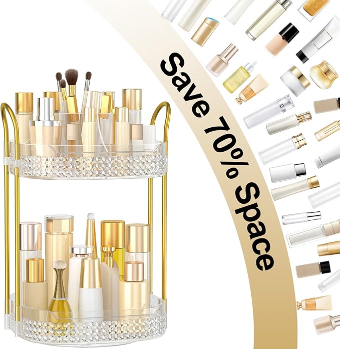 360 Rotating Makeup Organizer 2 Tier, Large Skincare Clear Make Up Storage Spinning Perfume Organizers for Bathroom Counter Dresser, White-FemmiqueWomen