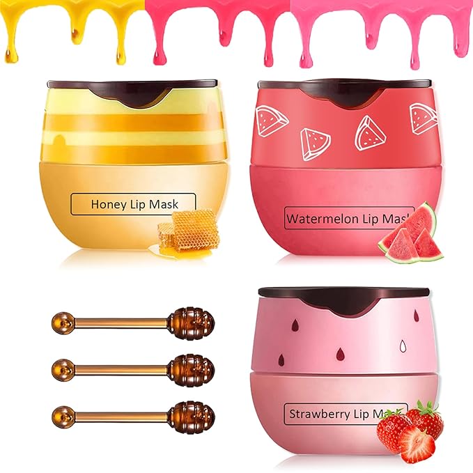 3 Pcs Bee Lip Balm Honey Pot,Honey&Strawberry&Watermelon Lip Sleeping Mask Hydrating Prevention Dry and Cracked Lip Scrubs Exfoliator Lip Care,Lip Mask Overnight Reduces Lip Lines-FemmiqueWomen